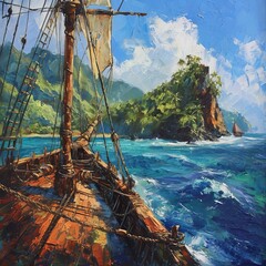 An oil painting of a ship sailing near a tropical coast, conveying a sense of exploration and adventure, suitable for nautical themes or historical narratives