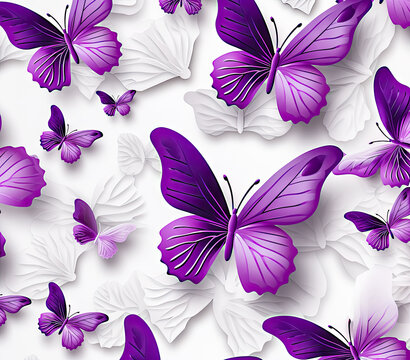 3D White and Purple Butterflies Pattern Background