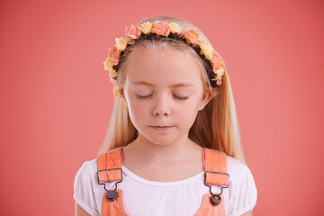 Fashion, flower crown and girl child in studio with casual, trendy and cute outfit with calm face....