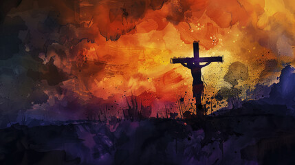 Easter crucifixion scene with silhouettes of the cross of Jesus Christ. Watercolor. Dark colours. Generative AI