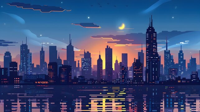 Pixelated cityscape with sunset and reflections - A pixel art cityscape features warm sunset hues reflecting on calm water, with a crescent moon in the sky