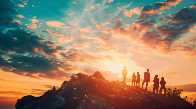 Group of people on a mountain top at sunset - A silhouette of a group of friends on a mountain peak against a dramatic sunset, embodying exploration, friendship, and triumph