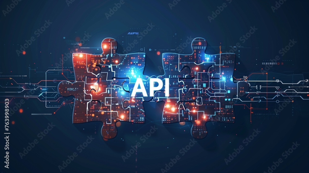Poster digital representation of api integration concept with two interlocking puzzle pieces against a futu