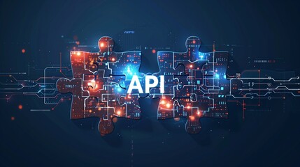 Digital representation of API integration concept with two interlocking puzzle pieces against a futuristic tech-inspired abstract background, symbolizing connectivity and interoperability. - obrazy, fototapety, plakaty