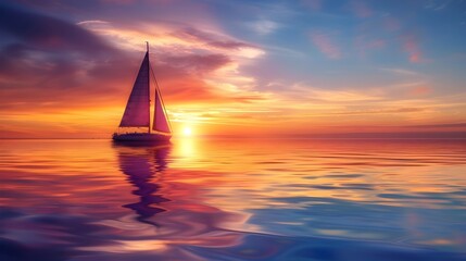 Sailboat Silhouetted Against Stunning Sunset - Breathtaking image of a sailboat against a stunning sunset with reflective water