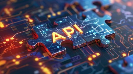 Digital representation of API integration concept with two interlocking puzzle pieces against a futuristic tech-inspired abstract background, symbolizing connectivity and interoperability.