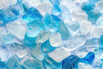 Fototapeta premium Sea Glass Pebbles Texture. A beautiful array of smoothed sea glass pebbles in shades of blue and white, evoking the serene essence of the ocean.