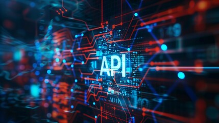A digital technology background with a focus on the acronym API, which stands for Application Programming Interface, highlighted in the center amidst abstract high-tech elements and binary code. - obrazy, fototapety, plakaty