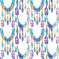 Ethnic Vector Pattern. Bohemian Peacock Print. Vintage Ornament. Rhombus Watercolor Background. Indigo Blue and Red Geometric Ikat Seamless Design. Fashion Retro Art. Abstract Modern Batik. - 763998953