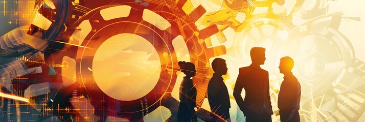 Engineering and business collaboration concept - Silhouetted professionals against a backdrop of mechanical gears and warm hues, symbolizing industrial innovation and strategy