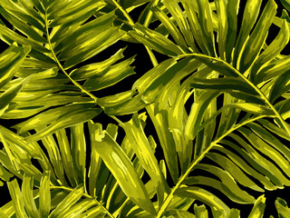 Africa Tropic Seamless Pattern. Swimwear & Shirt Botanical Flower Background. Hawaiian Botany Texture Design. Large Leaf Aloha Rapport. Watercolor Leaves of Monstera, Palm and Jungle. Green Black - 763998960