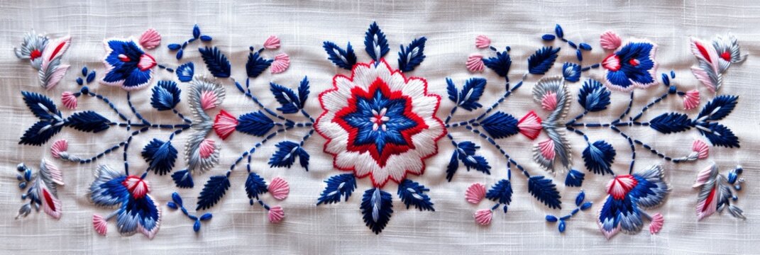 Traditional Slovak embroidery, with its symmetrical cross-stitch patterns in blue and red