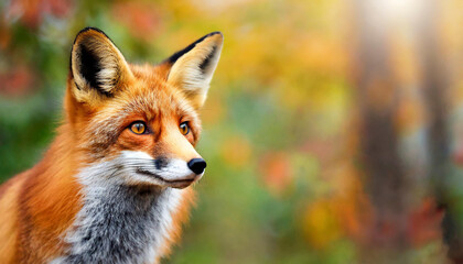 Portrait of beautiful red fox. Wild forest animal. Nature autumn scenery.