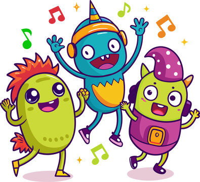cute doodle monsters grooving to the beat, showcasing their unique dance