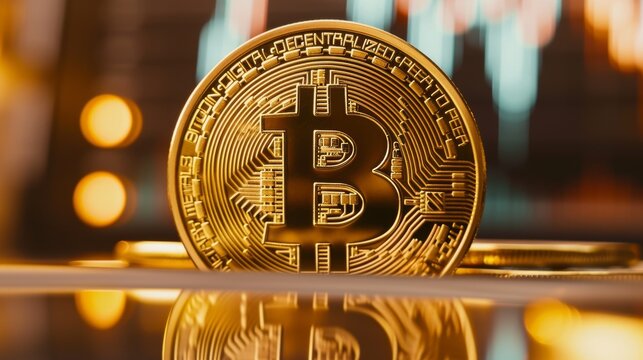 A single gold-colored Bitcoin stands proudly against a blurred background, with its reflection shimmering on the glossy surface below.