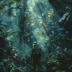Bring the sense of adventure to life with a rear view shot of a treasure hunter navigating a mysterious jungle Show the anticipation and excitement in their body language as they search for the ultima - obrazy, fototapety, plakaty