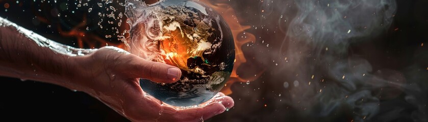 A hand pours water over a globe ablaze, steam rising, in a stark plea for environmental healing and balance, stock photographic style