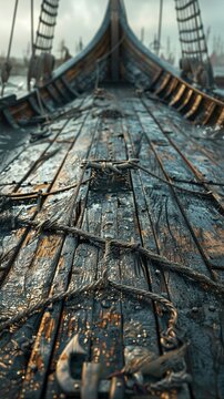 Bring the Viking voyages to life with a dynamic close-up shot Capture intricate details of a Viking ship, showcasing the craftsmanship and strength of their seafaring journeys Let the image transport 