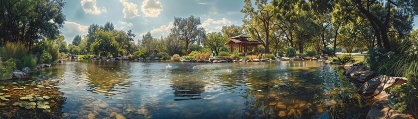 Capture the essence of holistic healing in a captivating panoramic image, featuring a serene landscape with elements like a tranquil garden, flowing water, healing crystals, and individuals practicing - obrazy, fototapety, plakaty