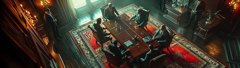 Capture the tense atmosphere of a clandestine meeting between high-ranking crime syndicate members in a dimly lit room, focusing on their body language and expressions to convey simmering tensions
