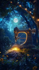 A mystical sewing machine glowing under the moonlight in an enchanted forest, stitching the fabric of nature itself, unique hyper-realistic illustrations
