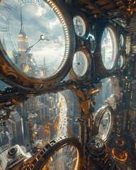 Craft an immersive landscape where giant clock gears merge with virtual reality elements, creating a surreal scene that challenges the viewers perception of time Incorporate dynamic lighting effects t