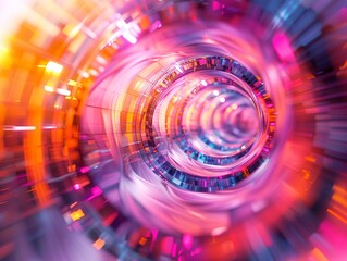 Create a futuristic design where time appears to be bending and twisting, using vibrant colors to convey a sense of technological advancement and innovation The image should evoke a feeling of excitem