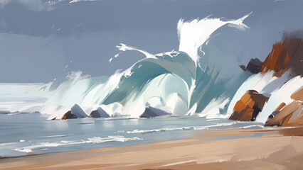 Beautiful ocean waves, Semi-abstract loosely painting, Stylized digital art painting.