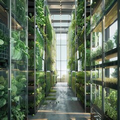 An indoor vertical farm showcasing lush greenery and sustainable agriculture with glass walls allowing natural light, illustrating urban farming practices