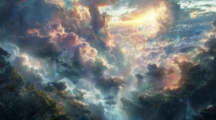 Fotobehang Design a visually captivating panoramic image depicting a dream realm merging seamlessly with a parallel universe Incorporate dreamlike elements intertwined with futuristic landscapes to evoke a sense © panyawatt