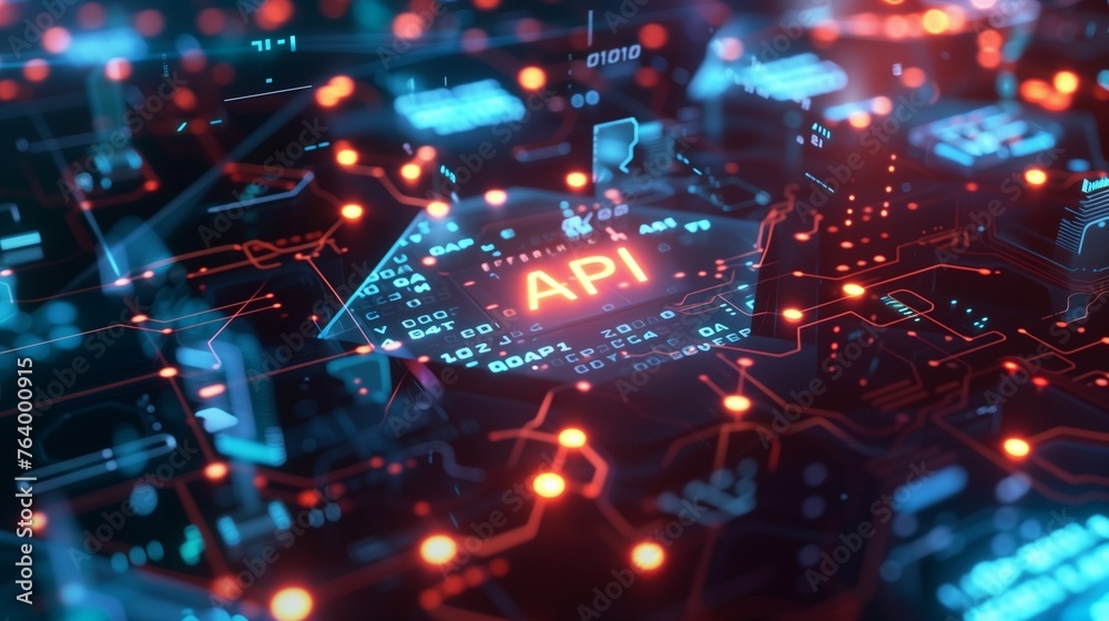 Poster api concept featuring the letters api displayed, surrounded by luminous lines and set against a futu