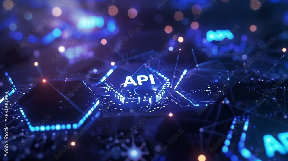 Poster api concept featuring the letters api displayed, surrounded by luminous lines and set against a futu