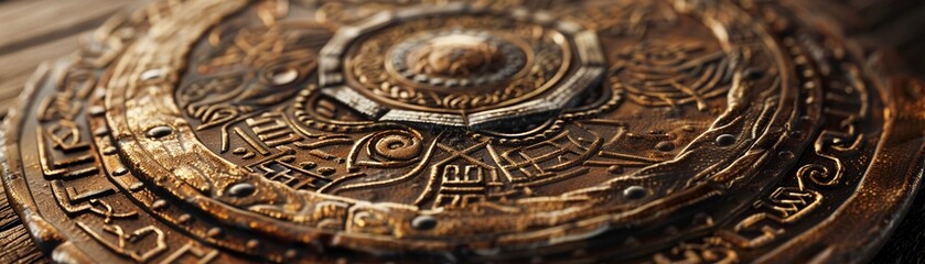 Fototapeta na wymiar Focus on the intricate carvings and symbols adorning a Viking shield, telling stories of victories and legends from ancient voyages Highlight the craftsmanship and artistry of this essential tool for 