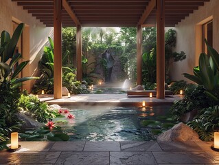 Highlight the intricate details of a serene yoga retreat, focusing on calming elements like soft candlelight, gentle flowing water, and lush greenery to create a relaxing and inviting atmosphere