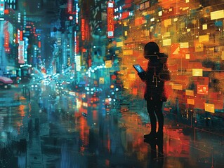Illustrate a side view of a person standing on a busy city street, surrounded by smartphones and tablets, yet appearing isolated Emphasize the changing value of solitude amidst constant digital connec