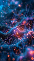 Produce a captivating design showcasing a close-up shot of interconnected digital neurons, symbolizing the collective consciousness emerging from our interconnected online world Use vibrant colors and