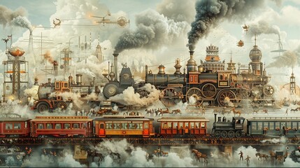 Produce a dynamic graphic capturing the evolution of transportation during the Industrial Revolution - from horse-drawn carriages to steam-powered locomotives Zoom in on intricate details to highlight - obrazy, fototapety, plakaty
