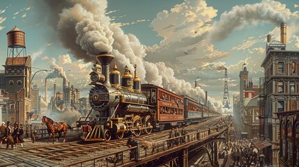 Produce a dynamic graphic capturing the evolution of transportation during the Industrial Revolution - from horse-drawn carriages to steam-powered locomotives Zoom in on intricate details to highlight - obrazy, fototapety, plakaty