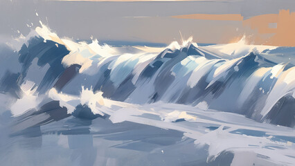 Beautiful ocean waves, Semi-abstract loosely painting, Stylized digital art painting.