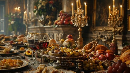 Transform the concept of historic feasts into a visually captivating rear view Emphasize the elaborate details of the banquet, from exquisite tableware to delectable cuisine, all set against a backdro - obrazy, fototapety, plakaty