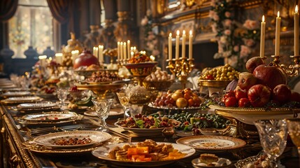 Transform the concept of historic feasts into a visually captivating rear view Emphasize the elaborate details of the banquet, from exquisite tableware to delectable cuisine, all set against a backdro - obrazy, fototapety, plakaty