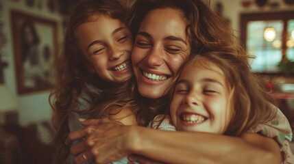 Happy family sharing a love-filled moment on Mother's day, with mother surrounded by daughter's hug bonding tenderness smile together, female and teenage kids embracing candid laughing in living room