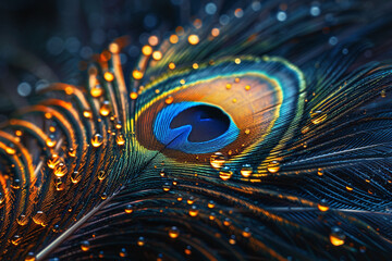 peacock feather closeup, Close-up of peacock feather with water droplets. Vibrant wildlife and nature concept. Macro photography for wallpaper, print, or textile design