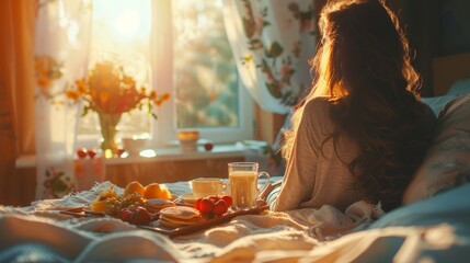 Young mother experiencing breakfast in bed on Mother's Day, with a tray full of homemade pancakes, fresh fruit, and a cup of coffee with small bouquet of flowers in morning sunlight gently from window - obrazy, fototapety, plakaty