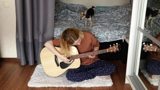 Guitarist with dog, home music practice, canine companion, acoustic melodies