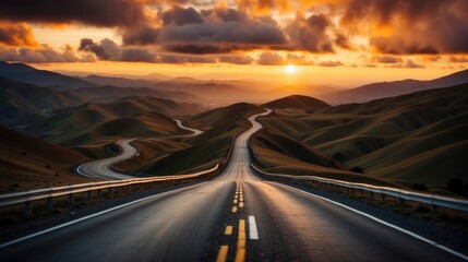 Sunset Journey: Winding Road Through Golden Rolling Hills