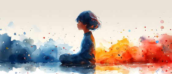 A vibrant digital painting of a woman sitting in profile against a splash of vivid watercolors reflecting tranquility and introspection