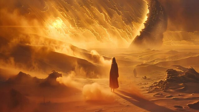 A lone wanderer walking in the desert sandstorm in a fantasy landscape