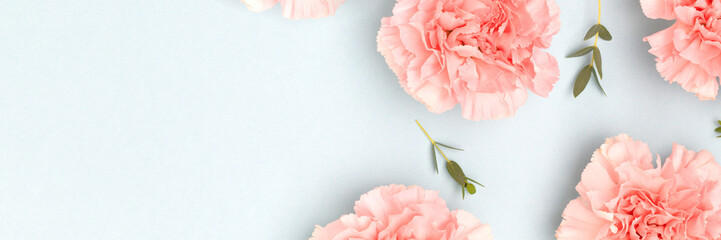 Banner with pink carnation flowers and eucalyptus branches scattered on a blue background.