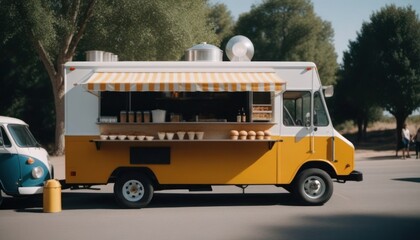 Yellow food truck on the road. Retro style